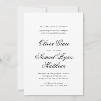 Invitation Élégante calligraphie Classique Blanc Noir Mariage