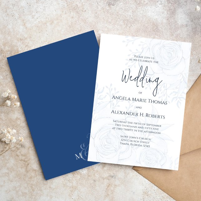 Invitation Élégante calligraphie classique bleu floral simple (Wedding invitation with elegant floral foliage design)