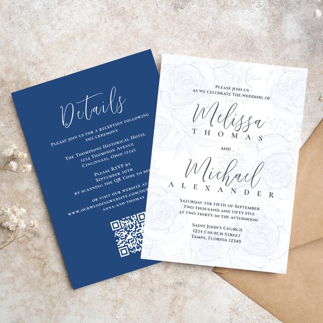 Invitation Élégante calligraphie classique Floral Dusty Blue  (Elegant wedding invitations with blue floral pattern and taupe with QR Code)