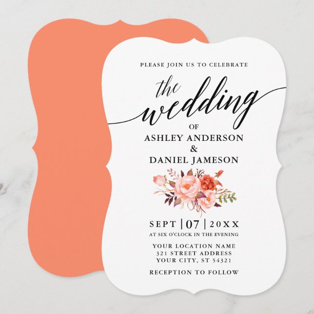 Invitation Élégante calligraphie Coral Floral Mariage (Devant / Derrière)