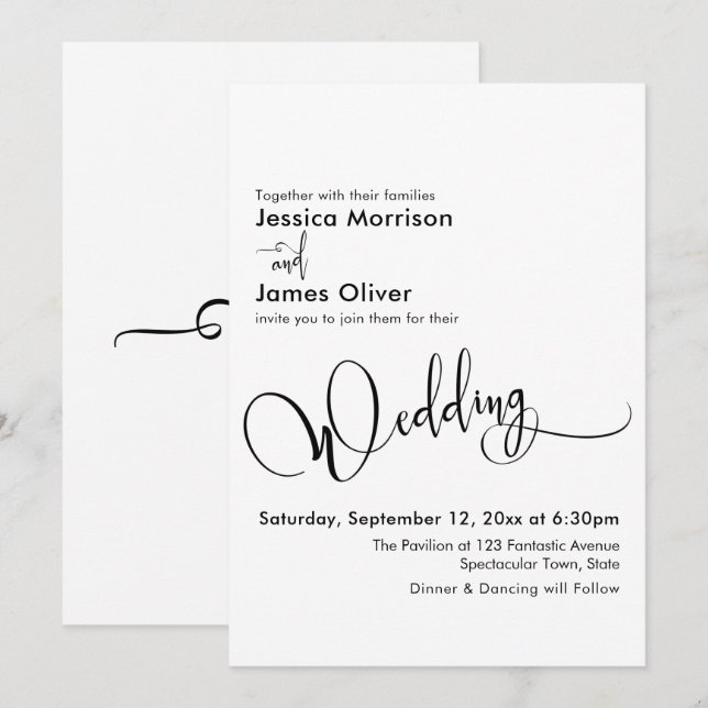 Invitation Élégante calligraphie de mariage, Noir Blanc Simpl (Devant / Derrière)