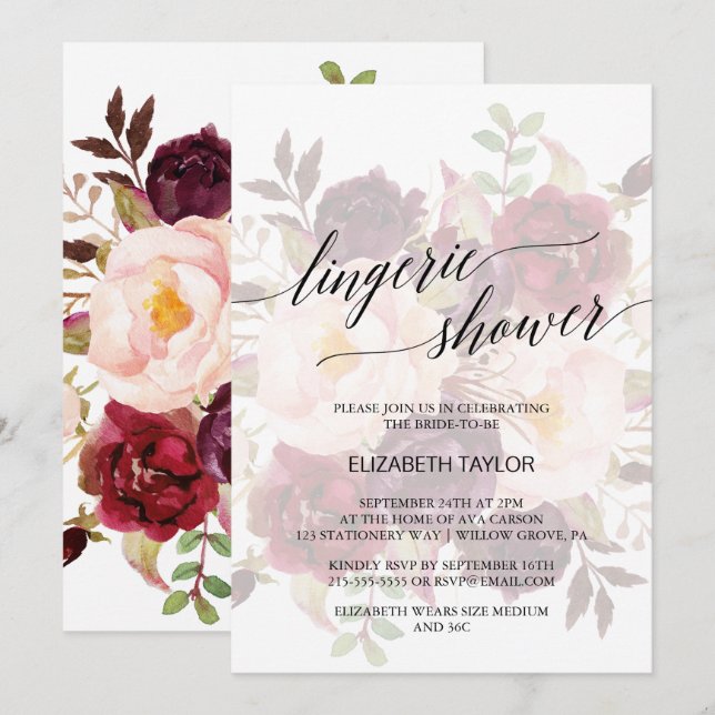 Invitation Élégante calligraphie | Douche à lingerie florale  (Devant / Derrière)
