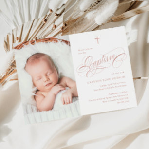 Invitation Élégante calligraphie Dusty Rose Girls Photo Baptê