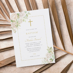 Invitation Élégante calligraphie Fleur Baptême