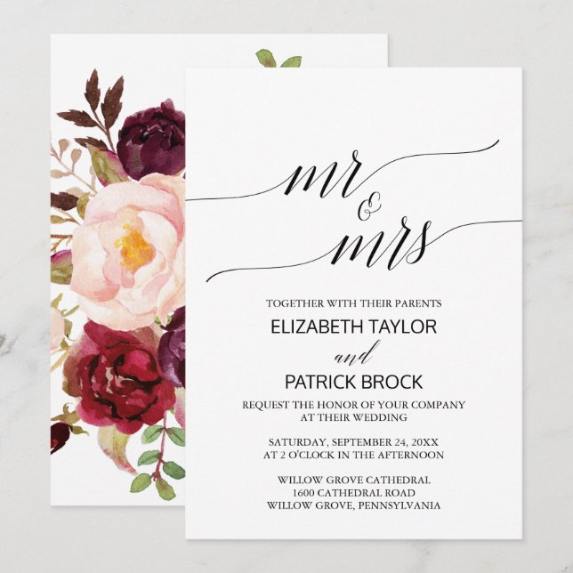 Invitation Élégante calligraphie | Floral "M. & Mme" Mariage (Devant / Derrière)