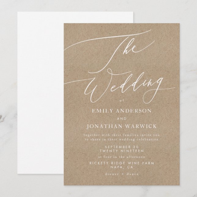 Invitation Élégante calligraphie Kraft Mariage blanc moderne (Devant / Derrière)
