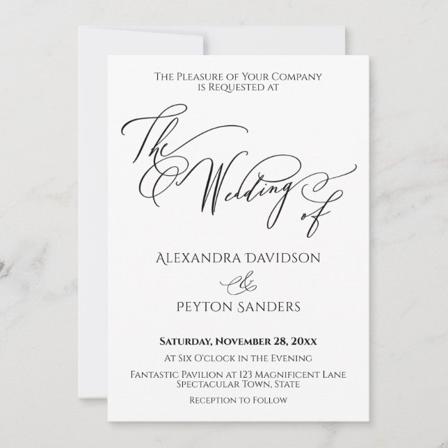 Invitation Élégante calligraphie "Le Mariage de" noir & blanc (Devant)