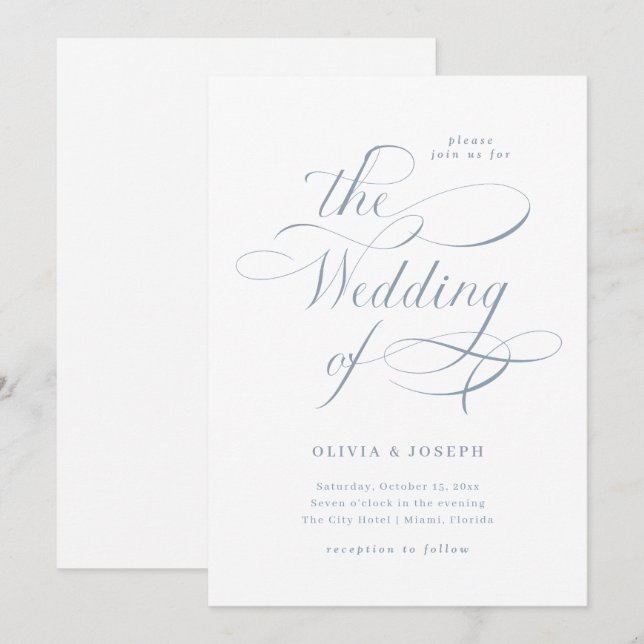 Invitation Élégante calligraphie | Mariage bleu Dusty (Devant / Derrière)