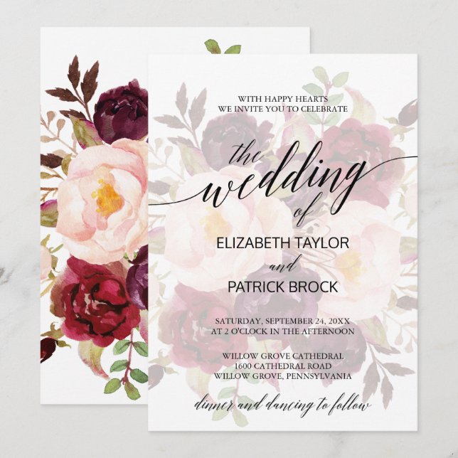 Invitation Élégante calligraphie | Mariage floral défraîchi (Devant / Derrière)