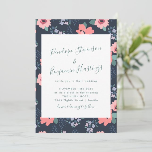 Invitation Élégante calligraphie Marine Blue Floral Mariage (Debout devant)
