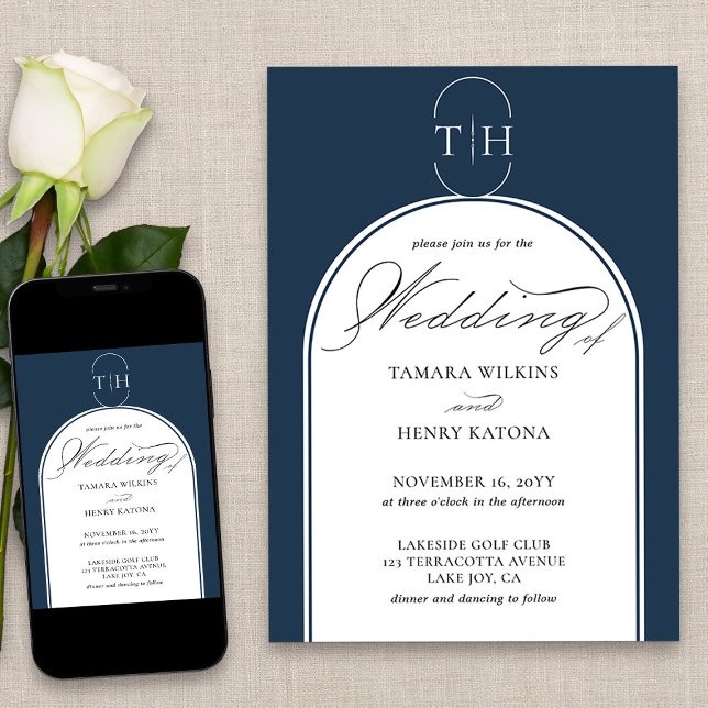 Invitation Élégante calligraphie Marine Blue Monogramme Maria (Elegant monogrammed navy blue wedding invitation from my Wedding Colors collection)
