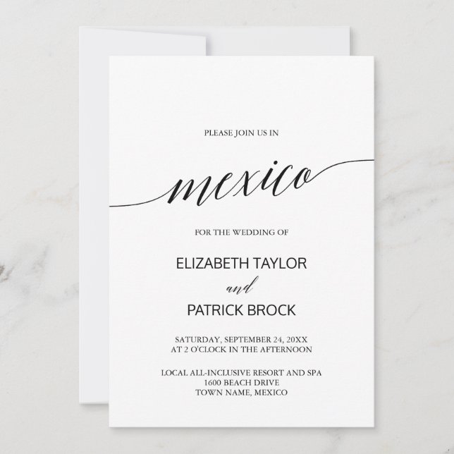 Invitation Élégante calligraphie Mexique Destination Mariage (Devant)