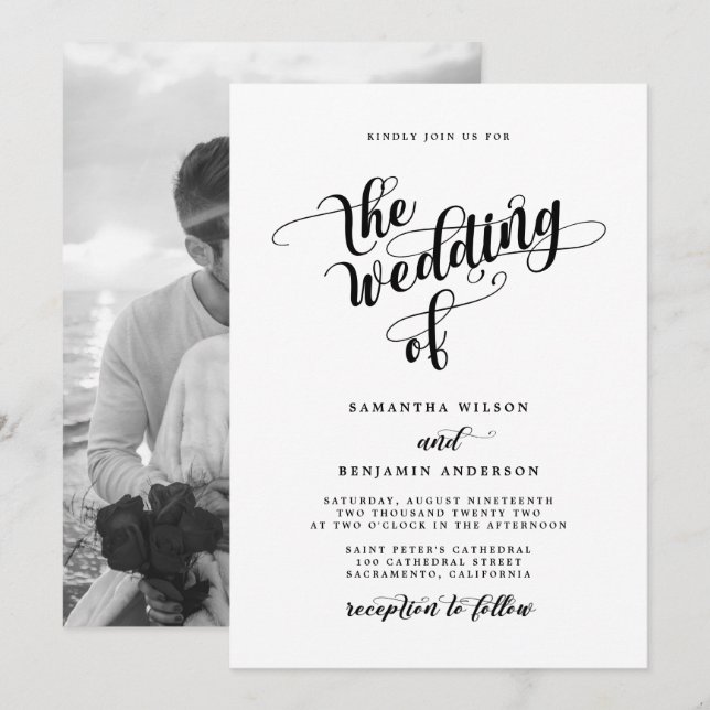 Invitation Élégante Calligraphie noir et blanc Mariage photo (Devant / Derrière)
