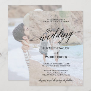 Invitation Élégante calligraphie noire Mariage photo déchar