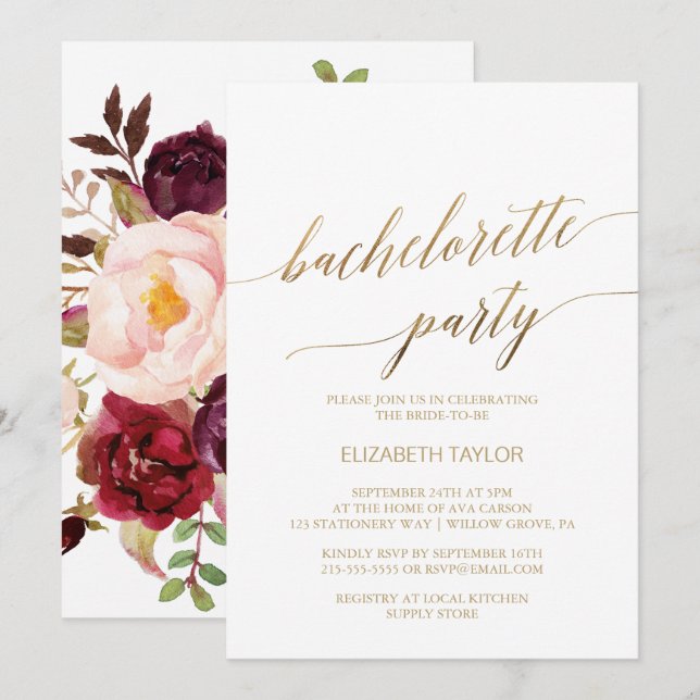 Invitation Élégante calligraphie Or | Bachelorette florale (Devant / Derrière)