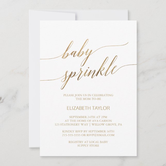 Invitation Élégante calligraphie Or Bébé Sprinkle (Devant)