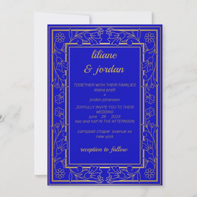 Invitation élégante calligraphie or bleu Mariage (Devant)