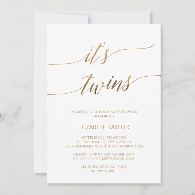 Invitation Élégante calligraphie Or C'est le Baby shower Twin (Devant)