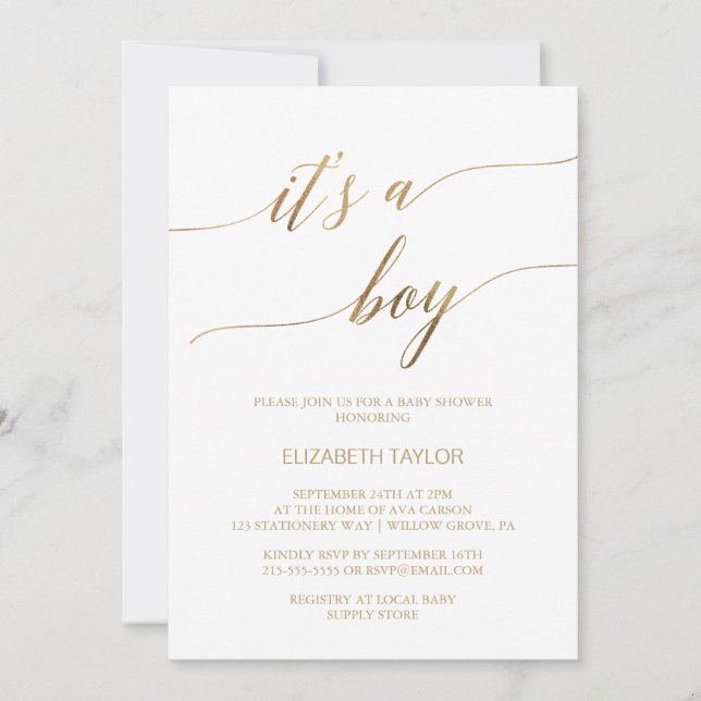 Invitation Élégante calligraphie Or C'est un Baby shower garç (Devant)