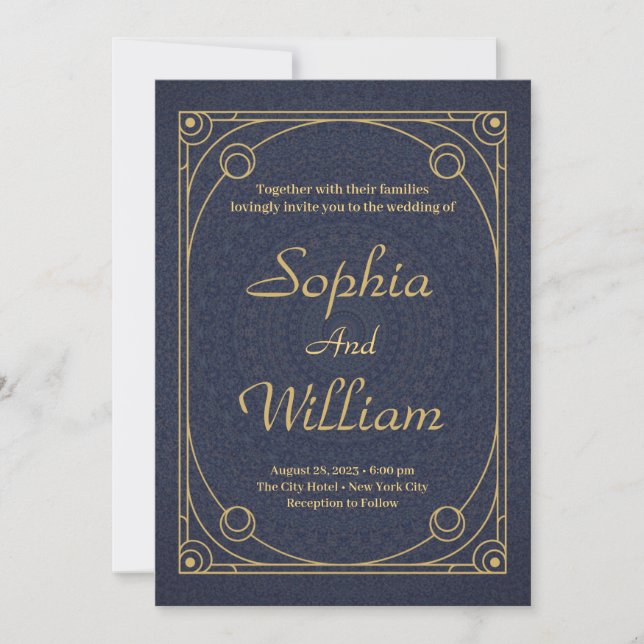 Invitation Elégante Calligraphie or et Mariage bleu marine (Devant)