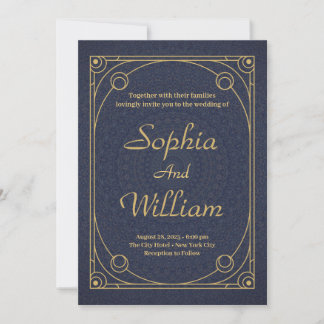 Invitation Elégante Calligraphie or et Mariage bleu marine