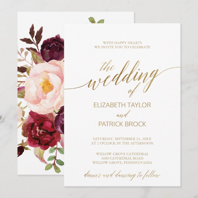 Invitation Élégante calligraphie Or | Mariage d'emballage flo (Devant / Derrière)