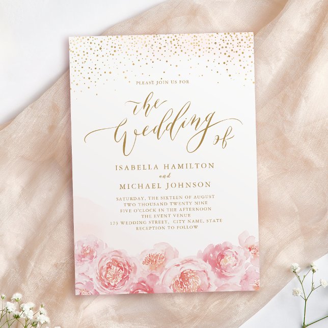 Invitation Élégante calligraphie or & mariage floral roux (Elegant calligraphy gold & blush floral wedding invitation)