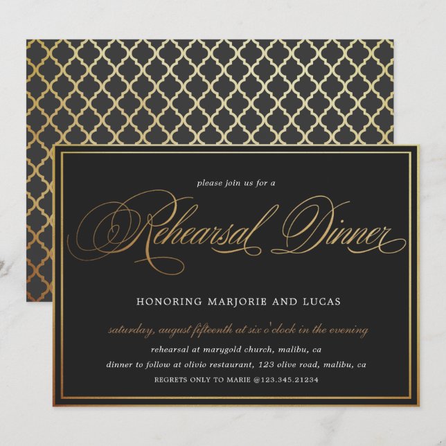 Invitation élégante calligraphie or noir Rehearssel Dîner (Devant / Derrière)