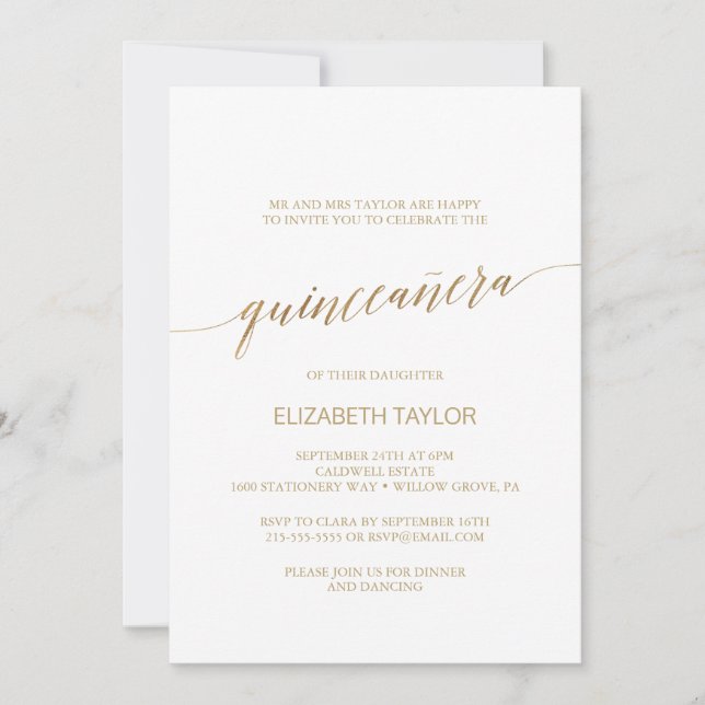 Invitation Élégante calligraphie or Quinceañera (Devant)