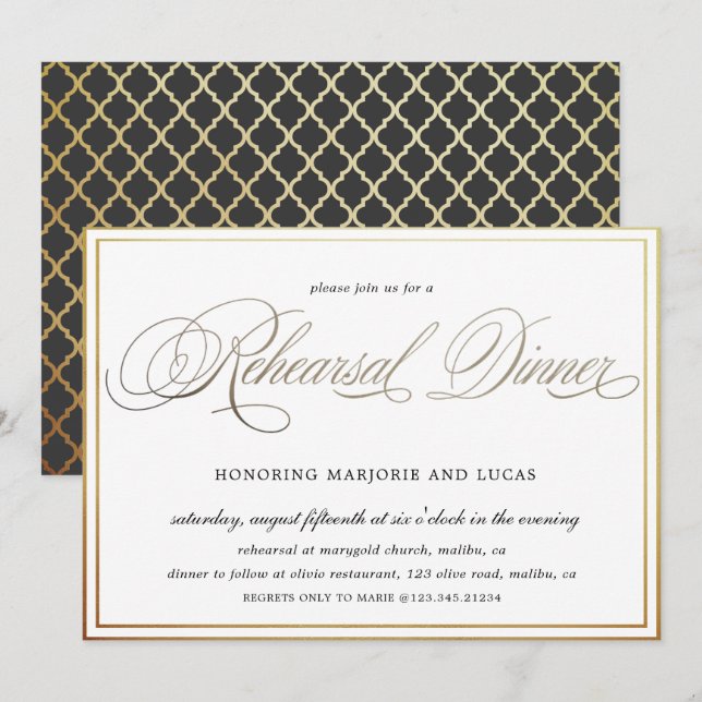 Invitation élégante calligraphie or Répétition Dîner (Devant / Derrière)