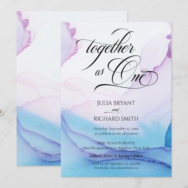 Invitation Élégante calligraphie rose Bleu Aquarelle moderne  (Devant / Derrière)