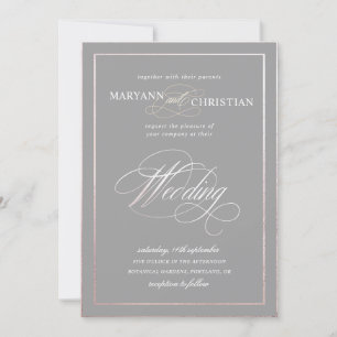 Invitation élégante calligraphie rose or gris mariage