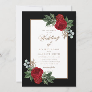 Invitation Élégante calligraphie rouge et noir floral or