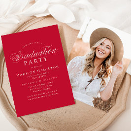 Invitation Élégante calligraphie Rouge Photo Graduation Party