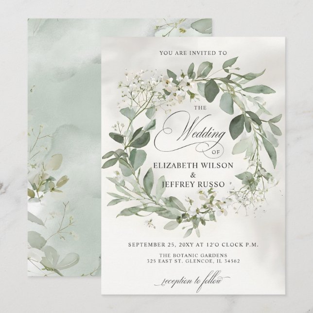 Invitation Élégante calligraphie Verdure Eucalyptus Mariage (Devant / Derrière)