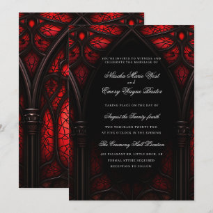 Invitation Elégante cathédrale rouge et noire Mariage gothiqu