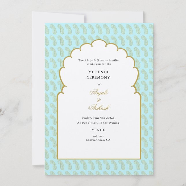 Invitation Élégante cérémonie Aqua Arch Mehendi mariage indie (Devant)