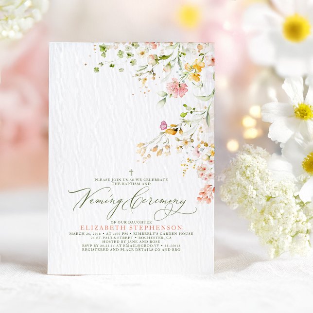 Invitation Élégante cérémonie de baptême des Fleurs sauvages  (Wildflowers Baptism and Naming Ceremony Invitation)
