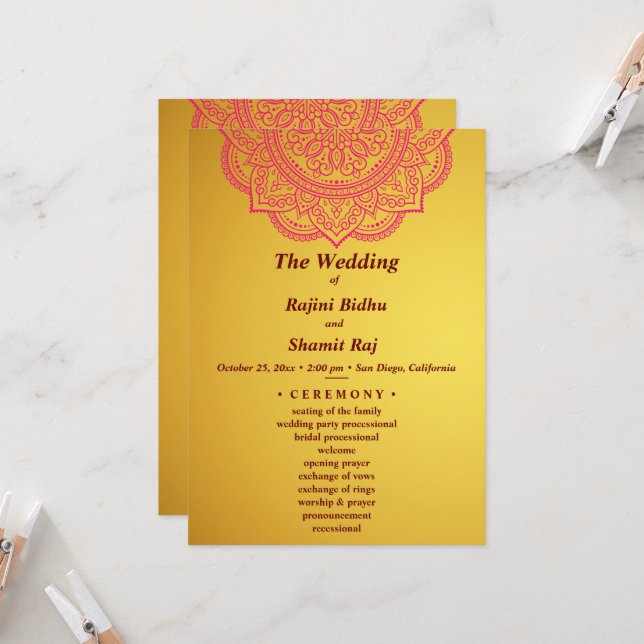Invitation Élégante cérémonie de Mariage Gold Red Indian Pais (Devant/Arrière en situation)