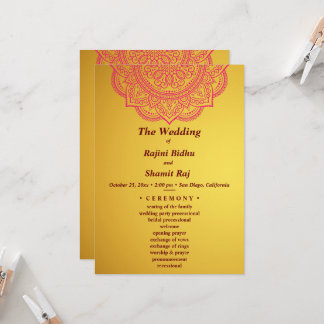 Invitation Élégante cérémonie de Mariage Gold Red Indian Pais