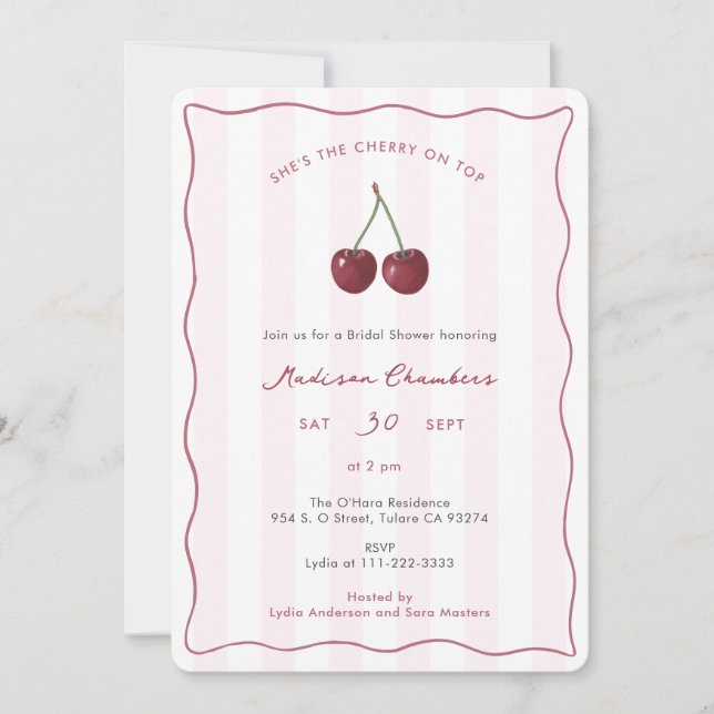 Invitation Élégante cerise sur le dessus Fête des mariées dou (Devant)
