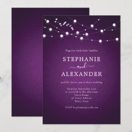 Invitation Élégante Chaîne Lumières Coeurs Mariage violet