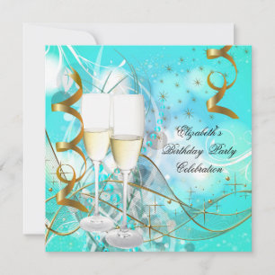 Invitation Elégante Champagne d'anniversaire en or bleu Turqu