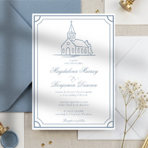 Invitation Élégante chapelle chrétienne poussiéreuse bleu mar