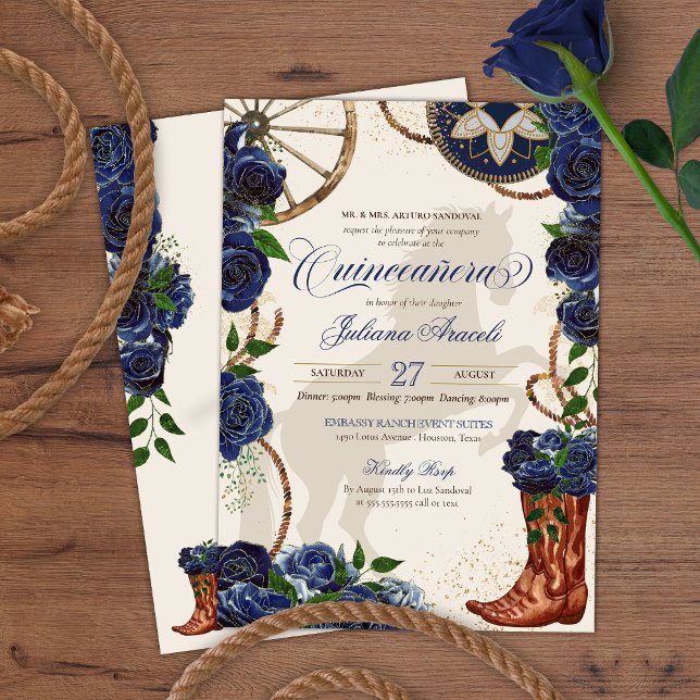 Invitation Elégante Charro Blue Rose Western Boots Quinceaner (Créateur téléchargé)