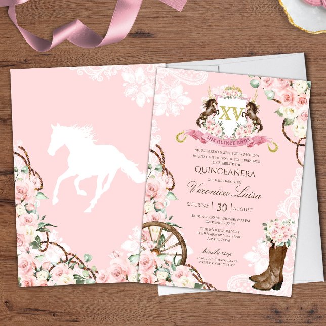 Invitation Elégante Charro Quinceanera aux fleurs roses (Créateur téléchargé)