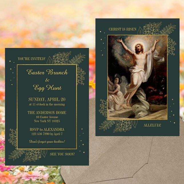 Invitation Elégante Chasse aux oeufs de Brunch de Pâques cath (Elegant Religious Christian Catholic Resurrection Christ is risen Easter Brunch Egg Hunt Invitation)