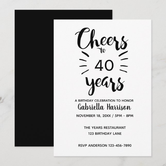 Invitation Elégante Cheers blanc et noir à 40e anniversaire (Devant / Derrière)