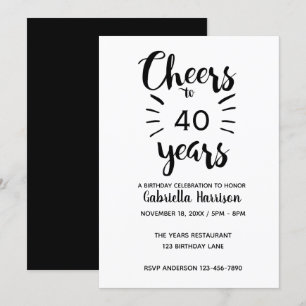 Invitation Elégante Cheers blanc et noir à 40e anniversaire