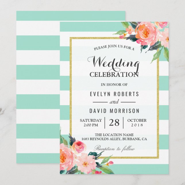 Invitation Elégante Chic Floral Mint Green Mariage Célébratio (Devant / Derrière)